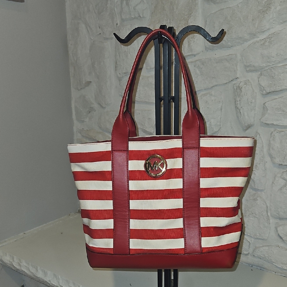 Michael Kors Red and White Striped Tote